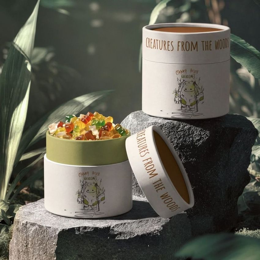 Paper tube packaging mockup for jungle-themed jellies, featuring illustrated creatures and text, placed on stone in a leafy setting.