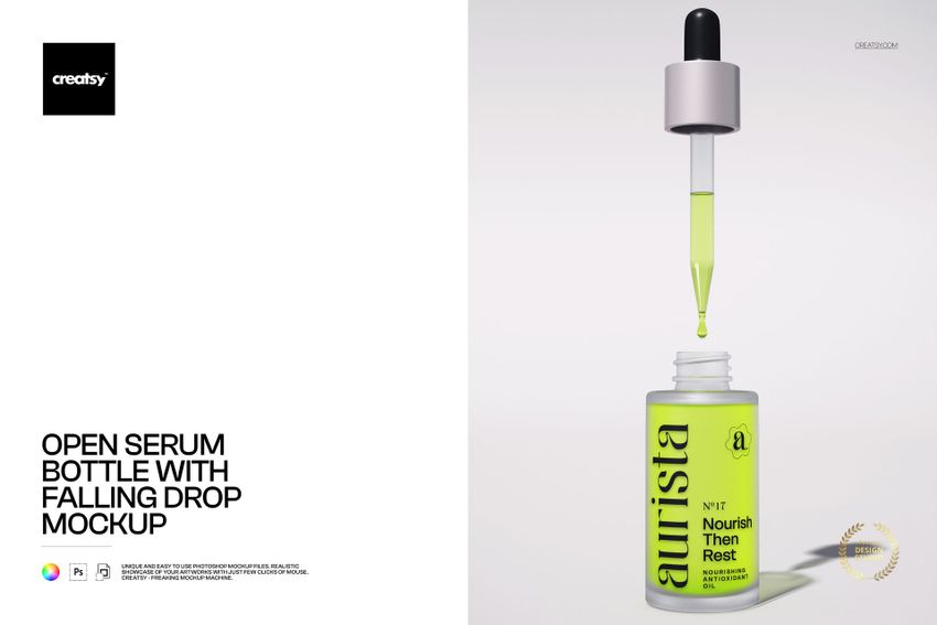 Cosmetic serum bottle mockup featuring a dropper dispensing a yellow liquid, shown in a clean studio setting.