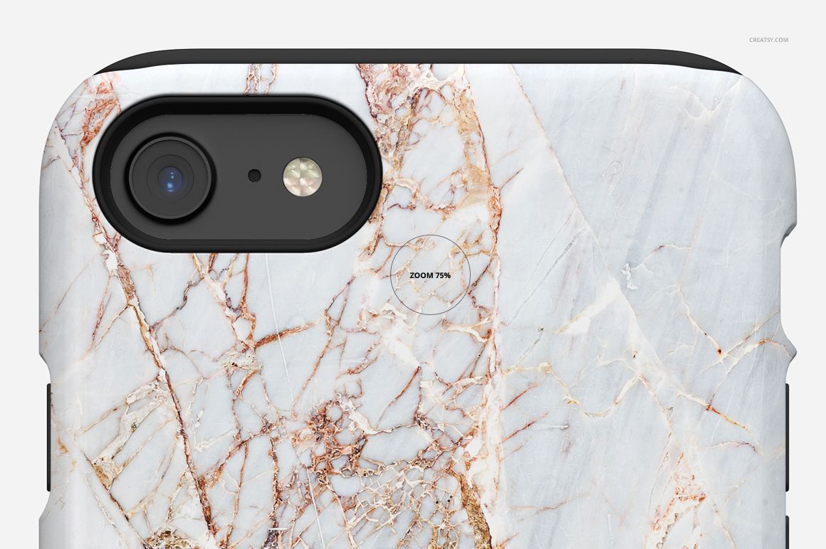 Detailed mockup of an iPhone 7 tough case featuring a marble design, captured from the back against a neutral backdrop.