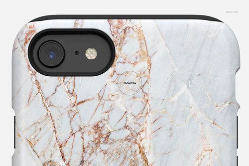 Detailed mockup of an iPhone 7 tough case featuring a marble design, captured from the back against a neutral backdrop.