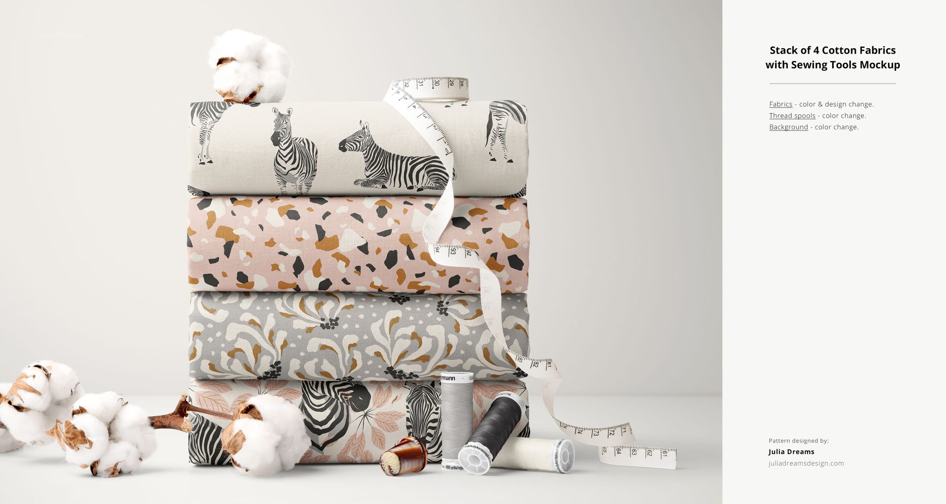 Front view of cotton fabric mockup featuring four patterned bolts, measuring tape, thread spools, and cotton branches.