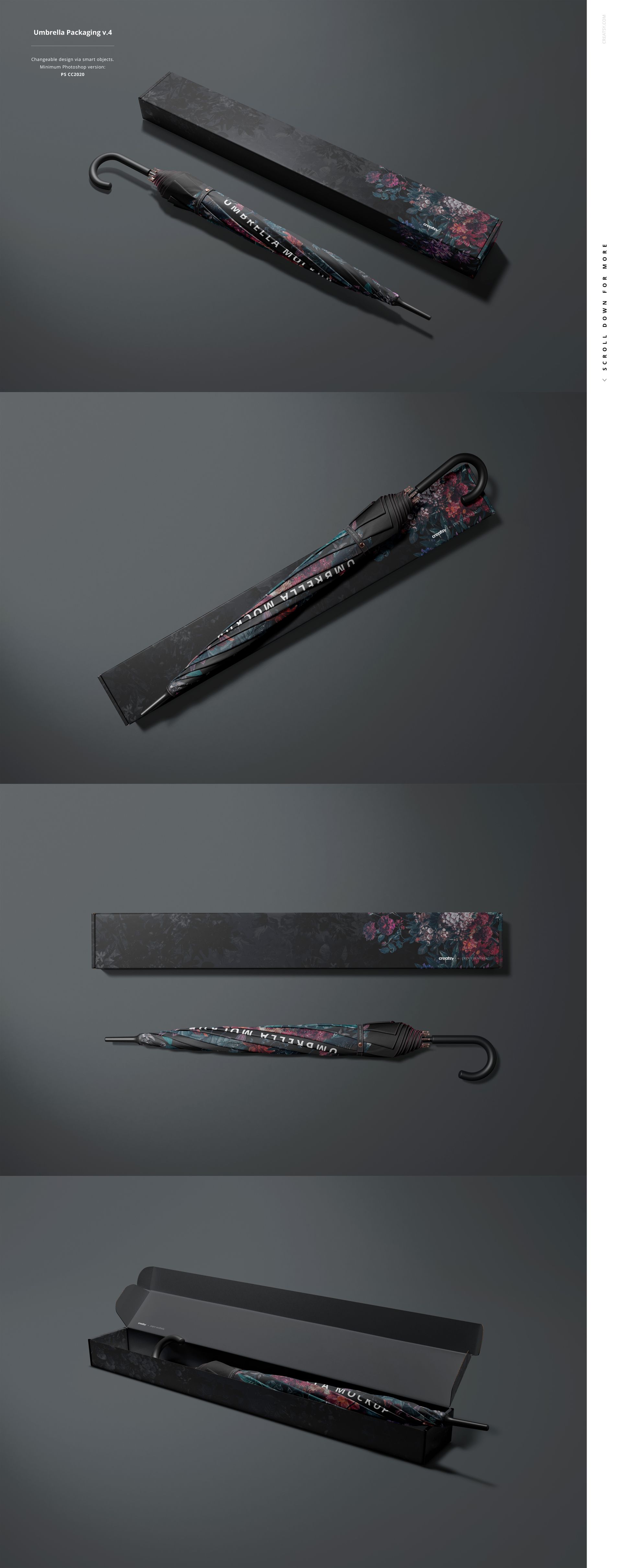 Umbrella mockup featuring a black handle, floral design, and coordinating box shown from multiple angles on a neutral background.