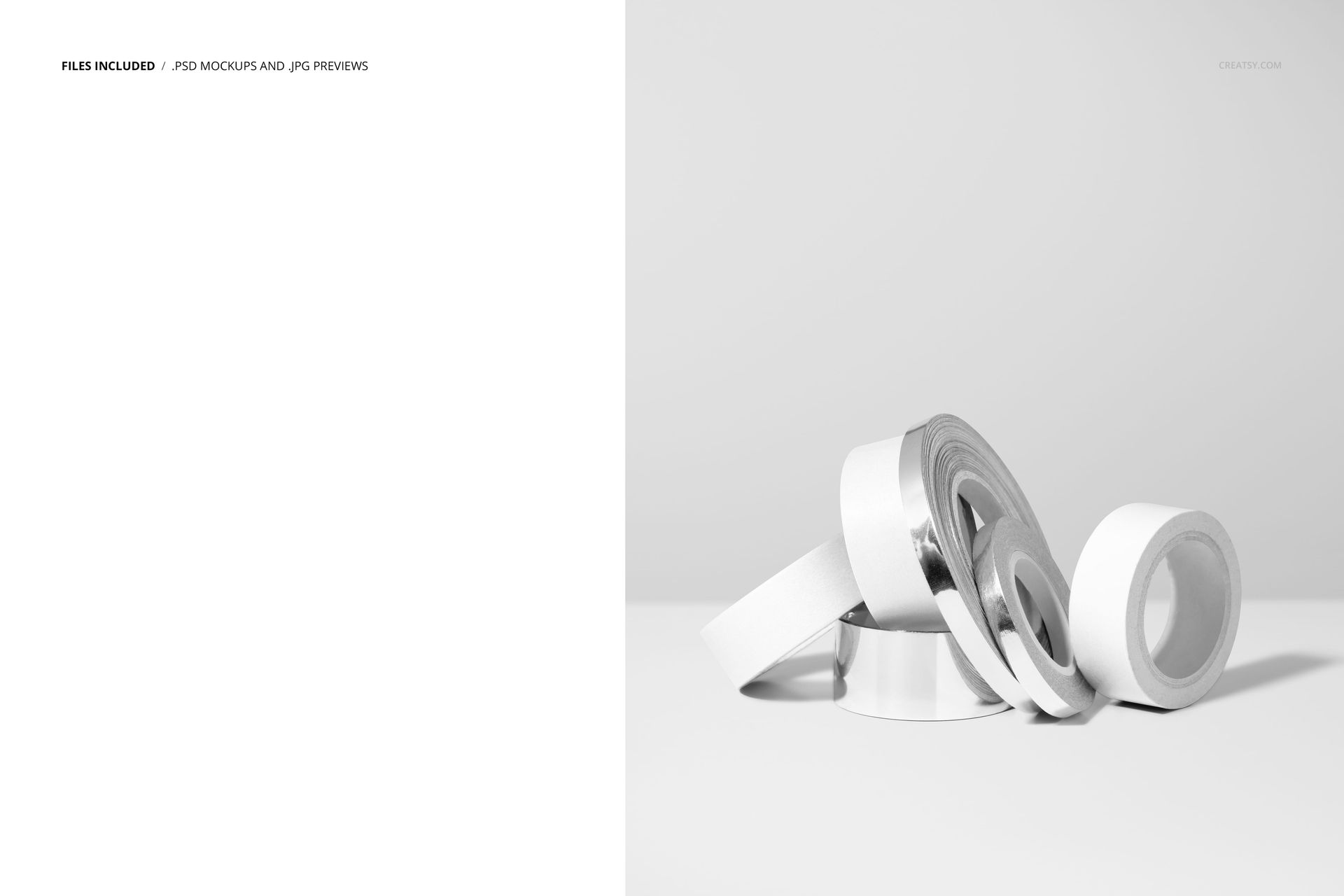 Packaging tape rolls mockup showing several white and metallic rolls stacked on a neutral surface, side angle.