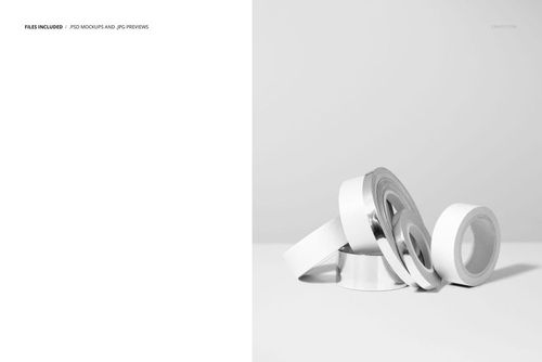 Packaging tape rolls mockup showing several white and metallic rolls stacked on a neutral surface, side angle.