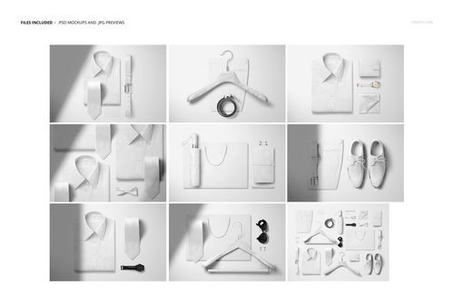 Top view of men's apparel mockup set featuring shirts, trousers, leather accessories, and organized fashion props.