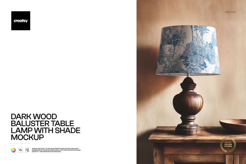 Dark Wood Baluster Table Lamp with Shade Mockup - mockup screenshot 1