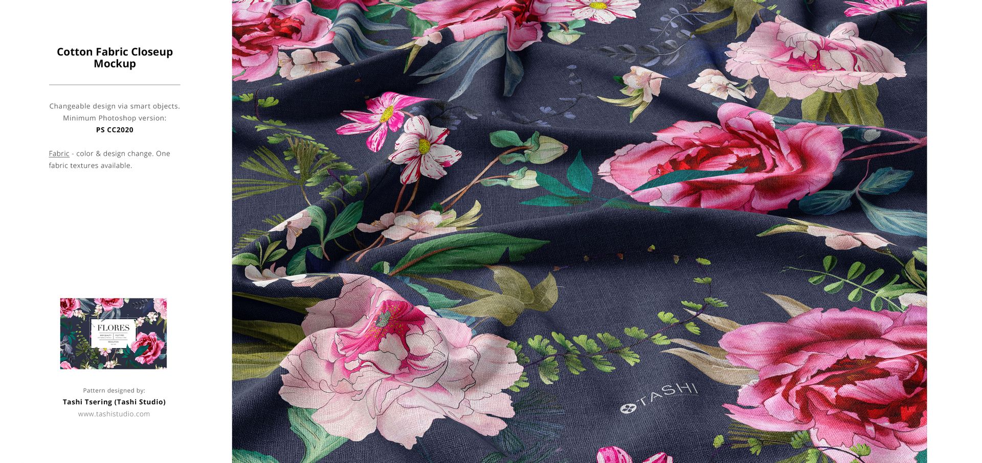 Detailed cotton fabric mockup showing vibrant pink flowers and foliage on a deep navy backdrop, viewed from above.