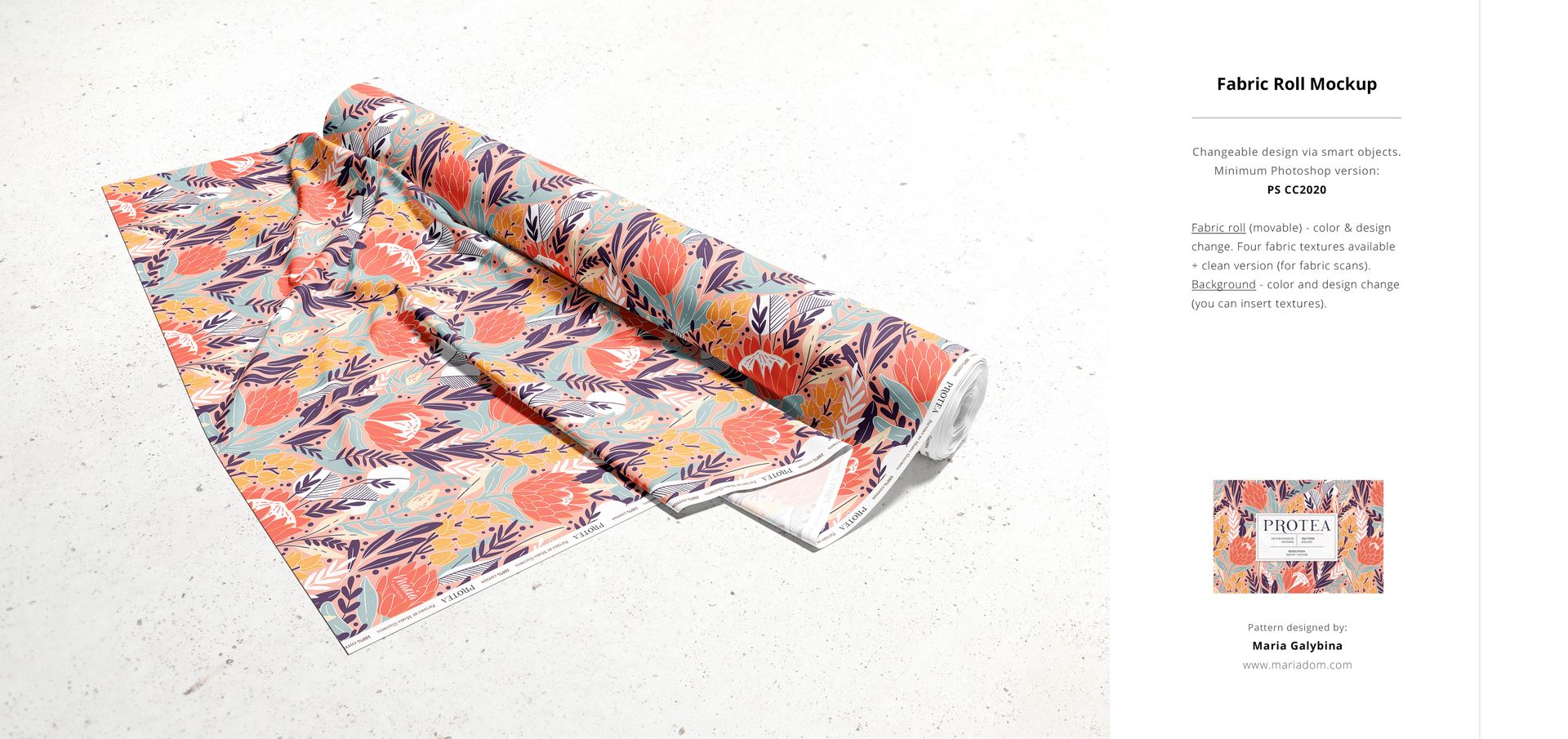 Fabric roll mockup featuring a vibrant botanical design, shown partially unrolled on a neutral background.