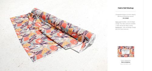 Fabric roll mockup featuring a vibrant botanical design, shown partially unrolled on a neutral background.