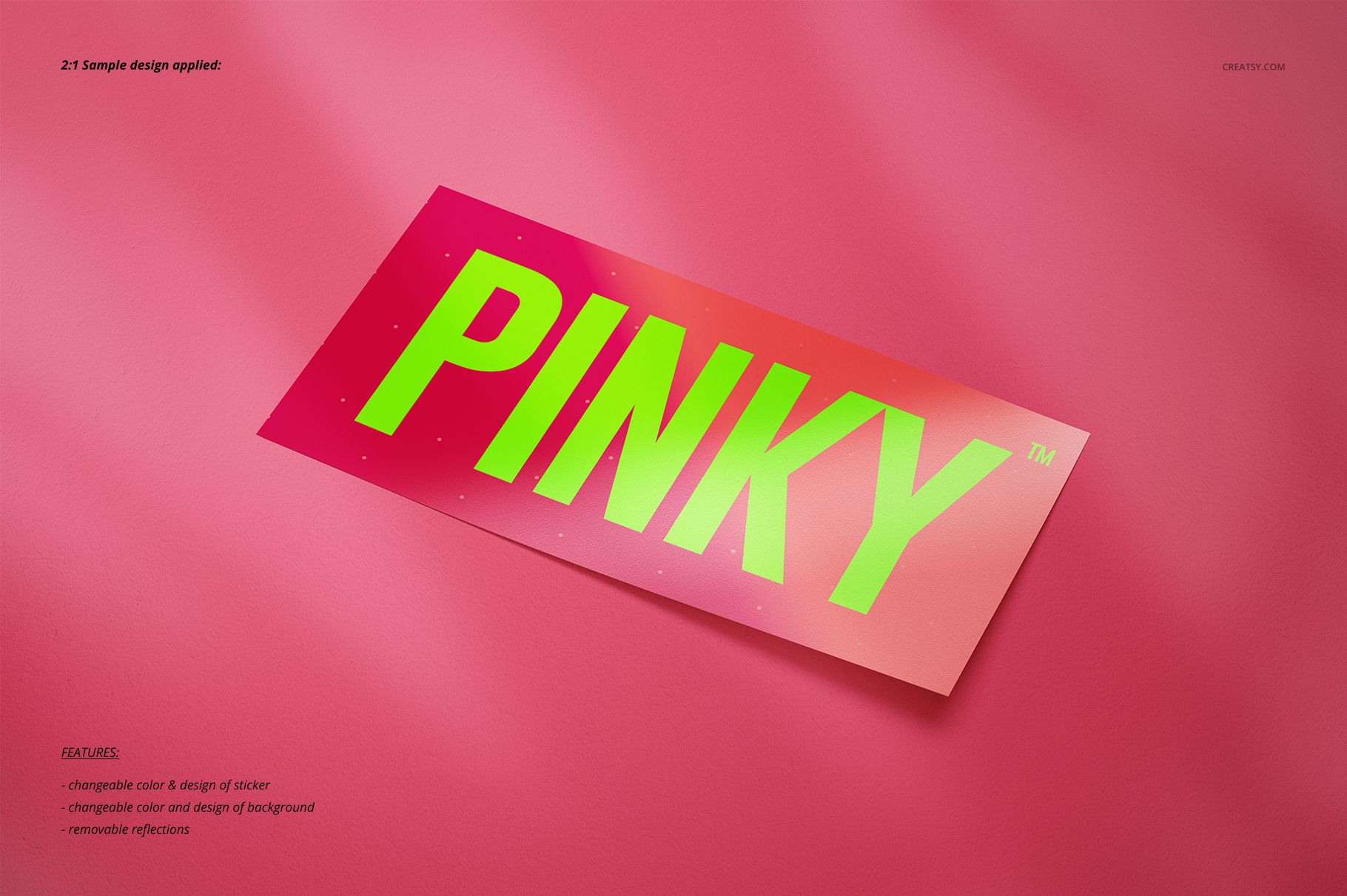 Sticker mockup featuring a rectangular design with neon green lettering on a pink-to-orange gradient, angled on pink.