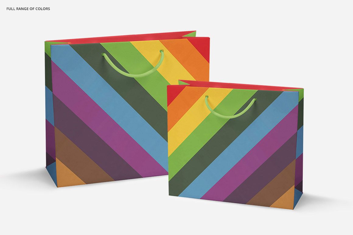 Mockup of two striped paper bags in different sizes, featuring vibrant rainbow colors and green rope handles.