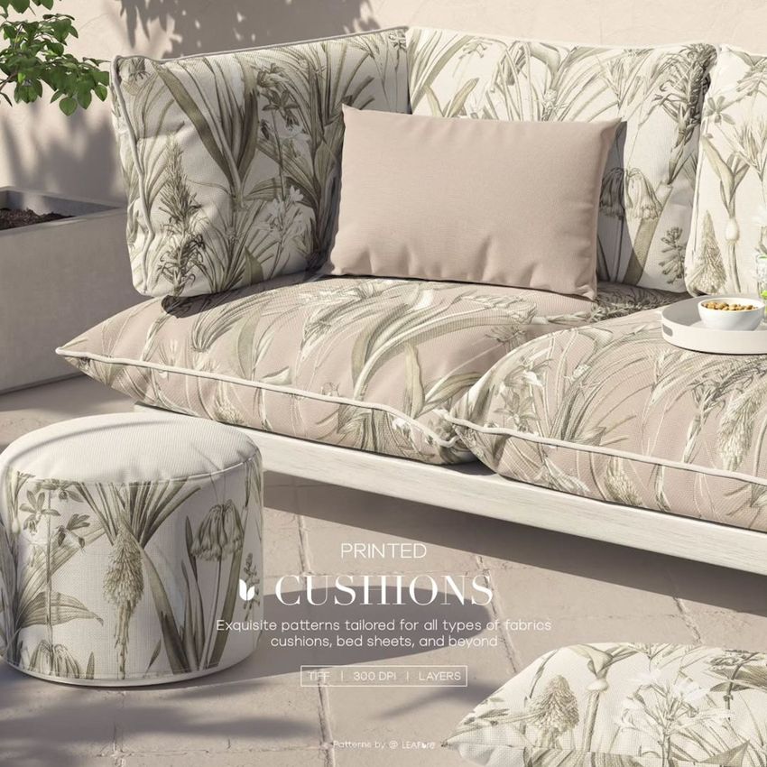 Outdoor sofa mockup with printed cushions featuring botanical patterns in soft beige and green tones, set on a stone patio.