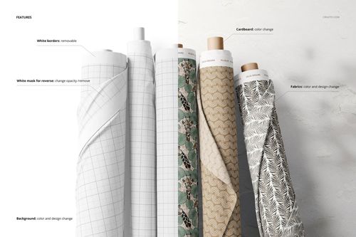 Front view of five fabric rolls mockup, each featuring different patterns and colors on a light background.
