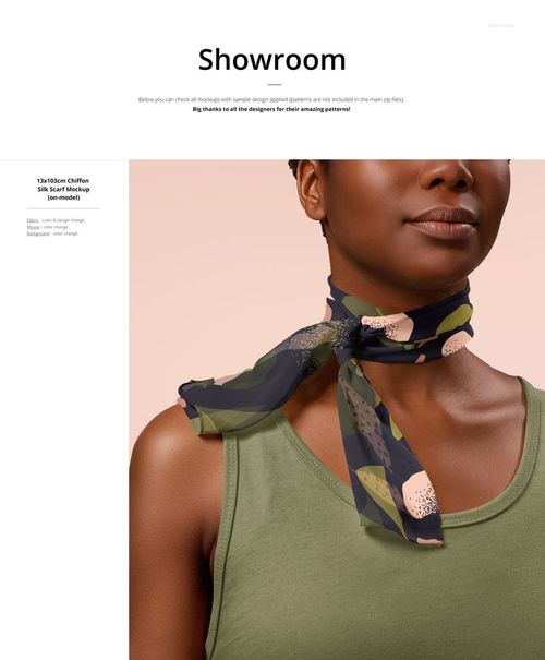 Mockup of a fabric scarf with colorful abstract design, wrapped around the neck, paired with a green sleeveless shirt.