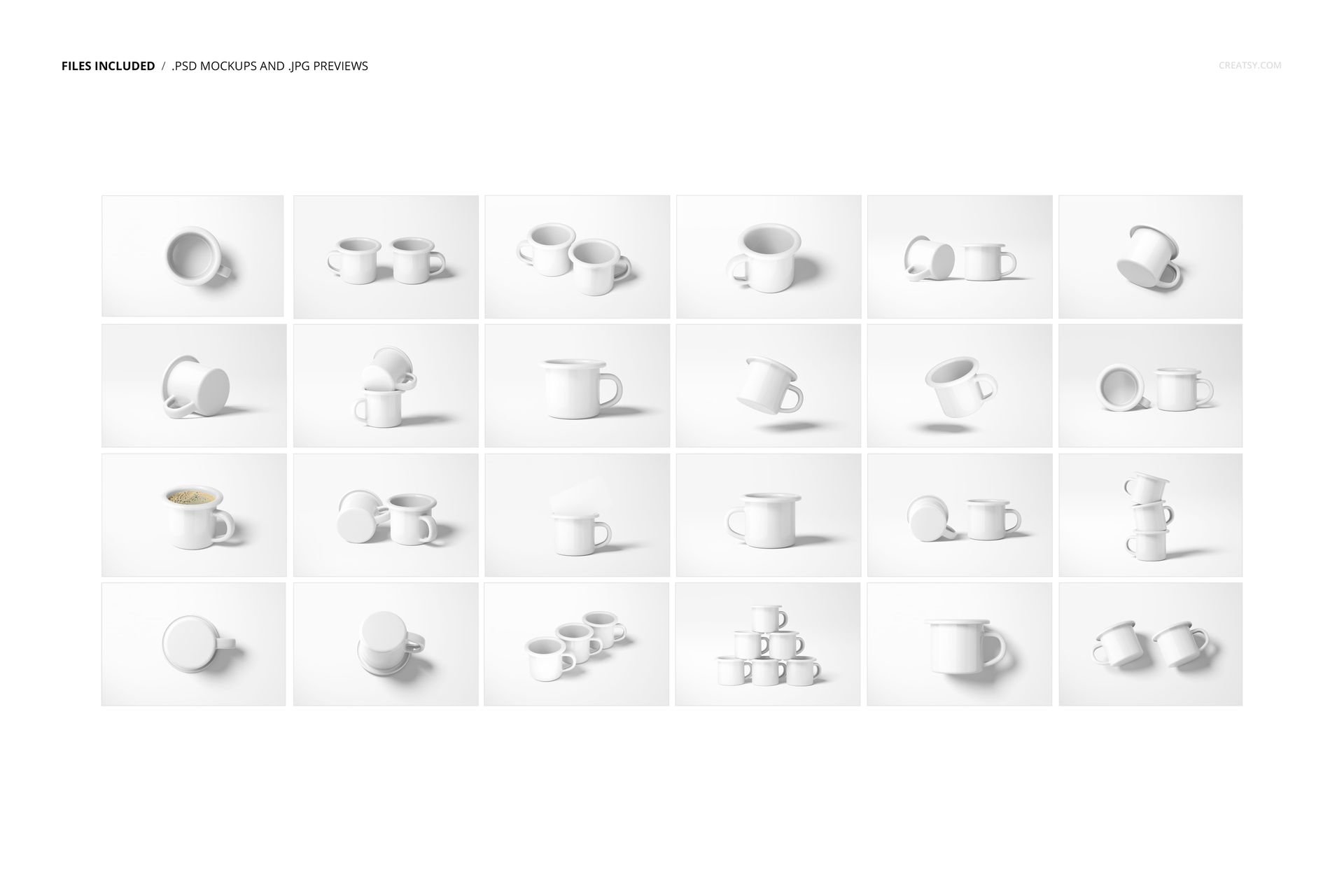 Set of white enamel mugs displayed in various angles and arrangements on a plain light background, PSD mockup.