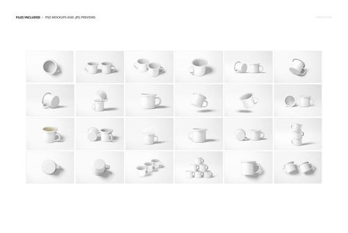 Set of white enamel mugs displayed in various angles and arrangements on a plain light background, PSD mockup.