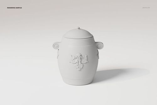 Front view of a decorative urn with a lid, featuring ornate floral relief details on a smooth, white surface.