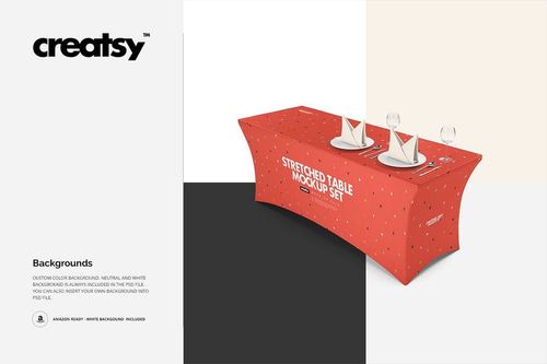 Red stretch tablecloth with dotted pattern on a rectangular table, decorated with tableware, displayed as a PSD mockup.