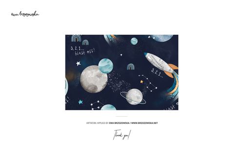 Front view of a baby long-sleeve sweatshirt mockup featuring a navy blue space-themed pattern with planets and rockets.