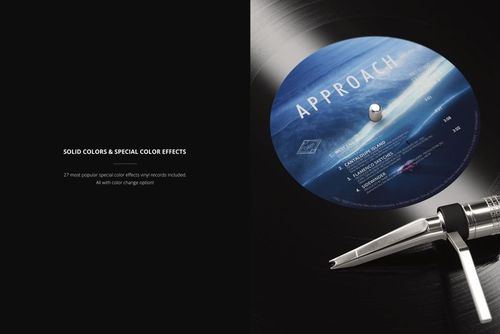 PSD mockup displaying a vinyl record with Concorde cartridge on a turntable, blue label visible from a side angle.