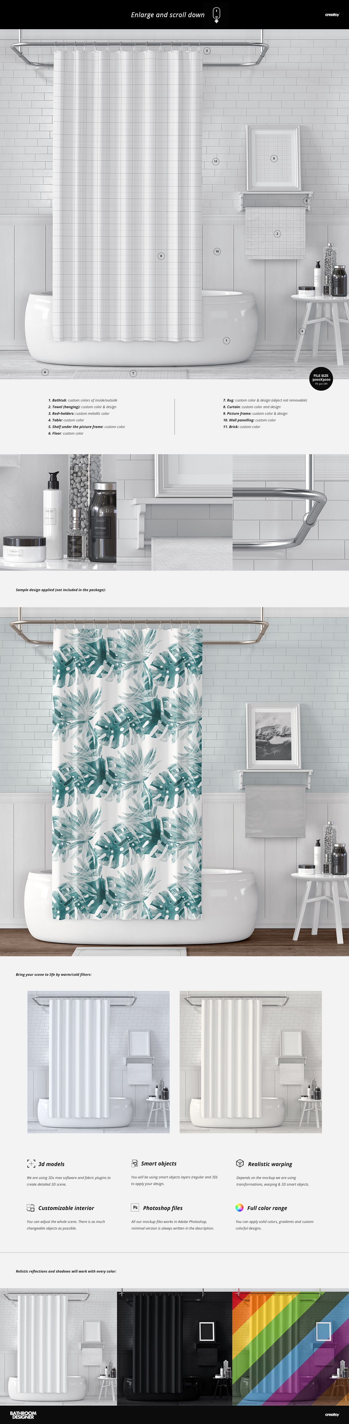 PSD mockup of a bathroom featuring a white shower curtain, freestanding tub, tiled walls, and small shelf with accessories.