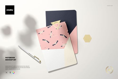 Notebook mockup featuring two closed A5 notebooks with abstract geometric patterns, displayed on a clean background.