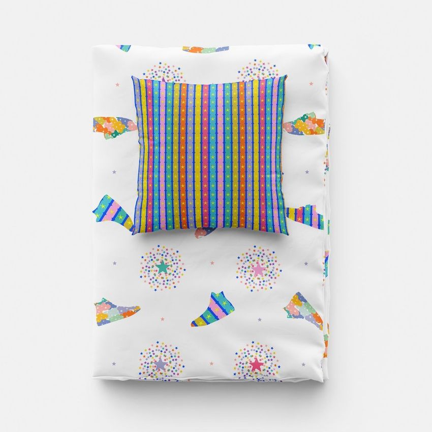 Folded duvet and pillow mockup showing a top view of a colorful striped pillow on a white duvet with abstract patterns.