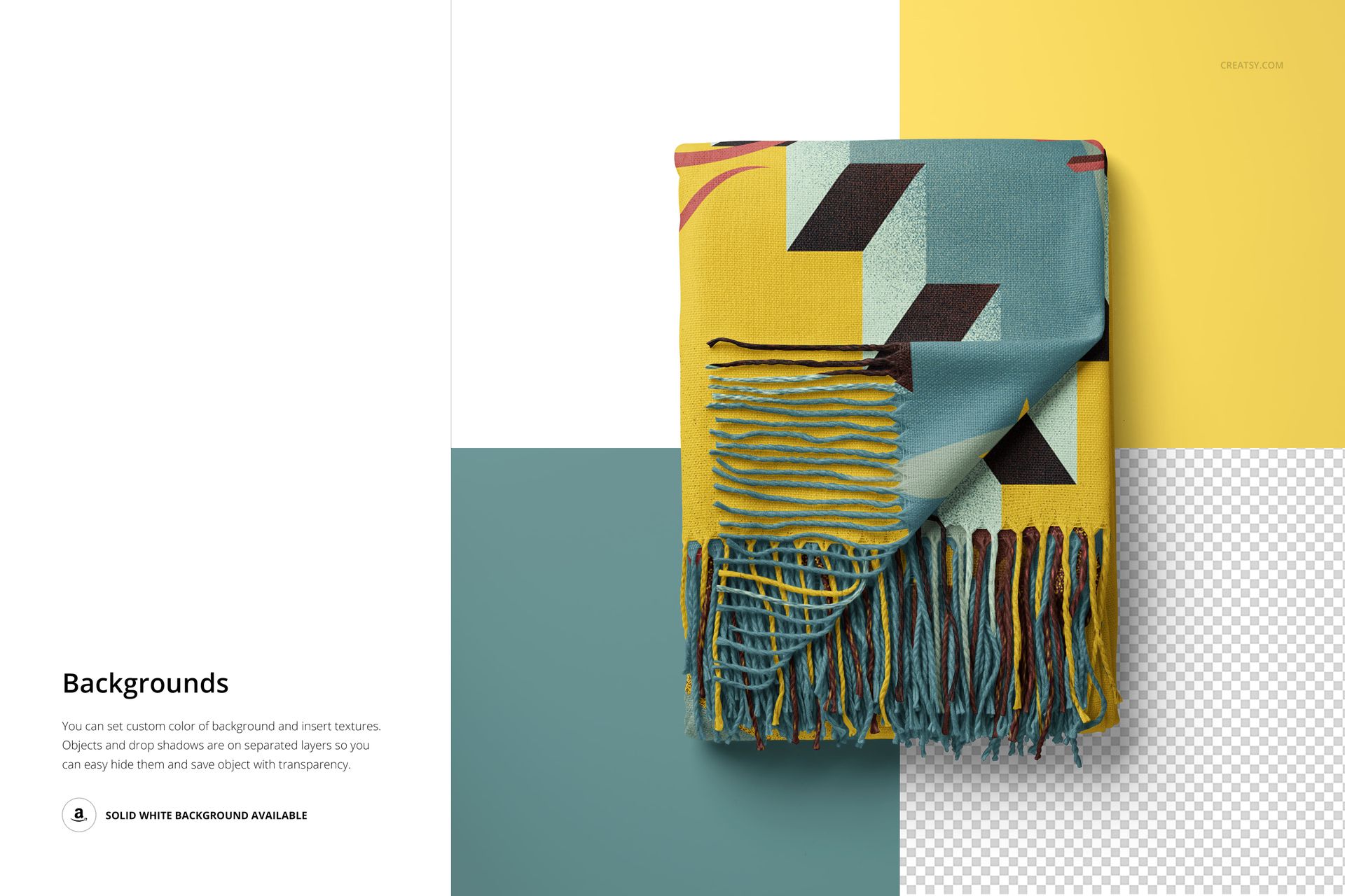 Folded blanket mockup featuring tassel fringe and bold geometric design in teal, yellow, and black on a split background.