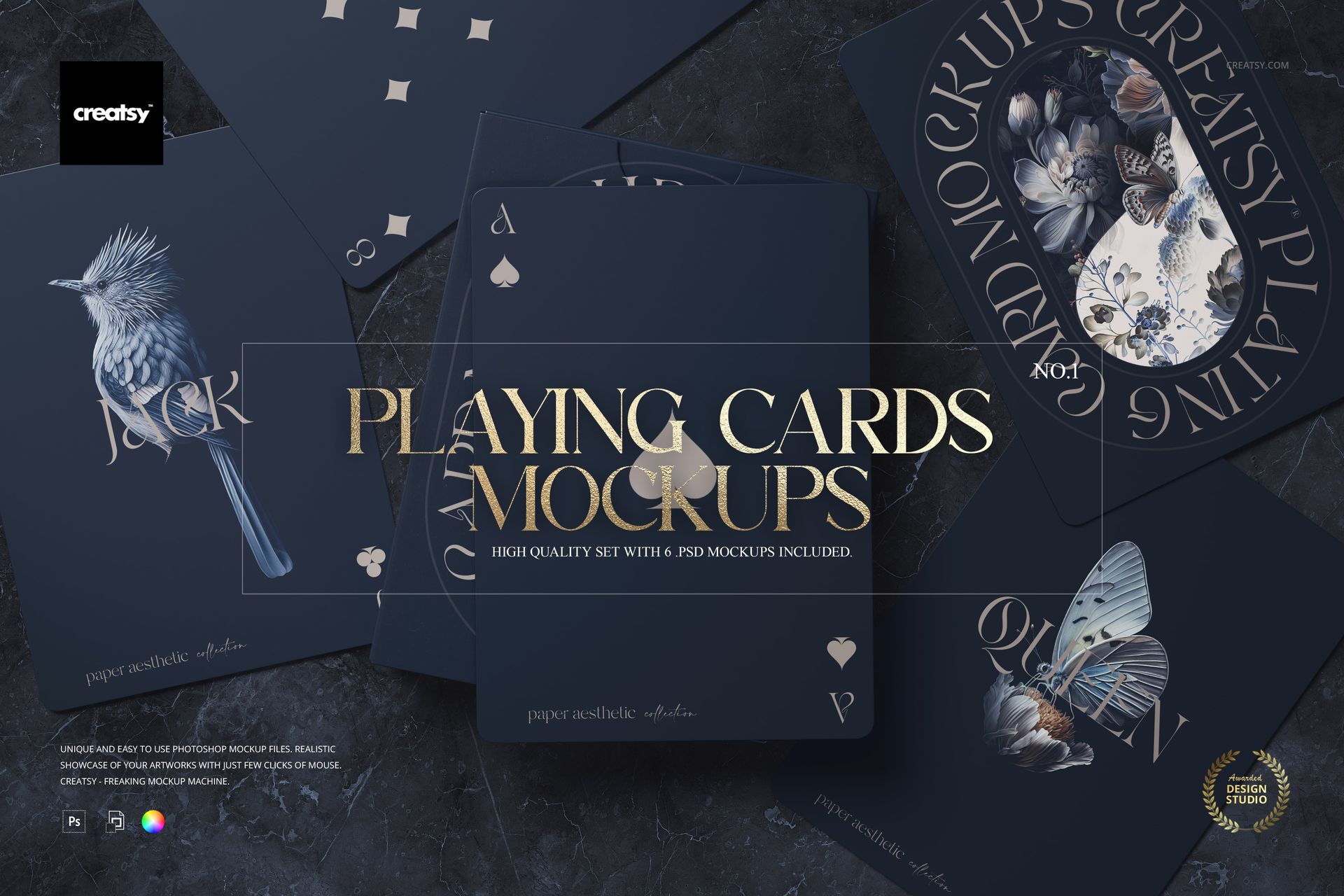 Playing cards mockup set displayed on a dark textured surface, featuring elegant blue cards with bird and butterfly illustrations.
