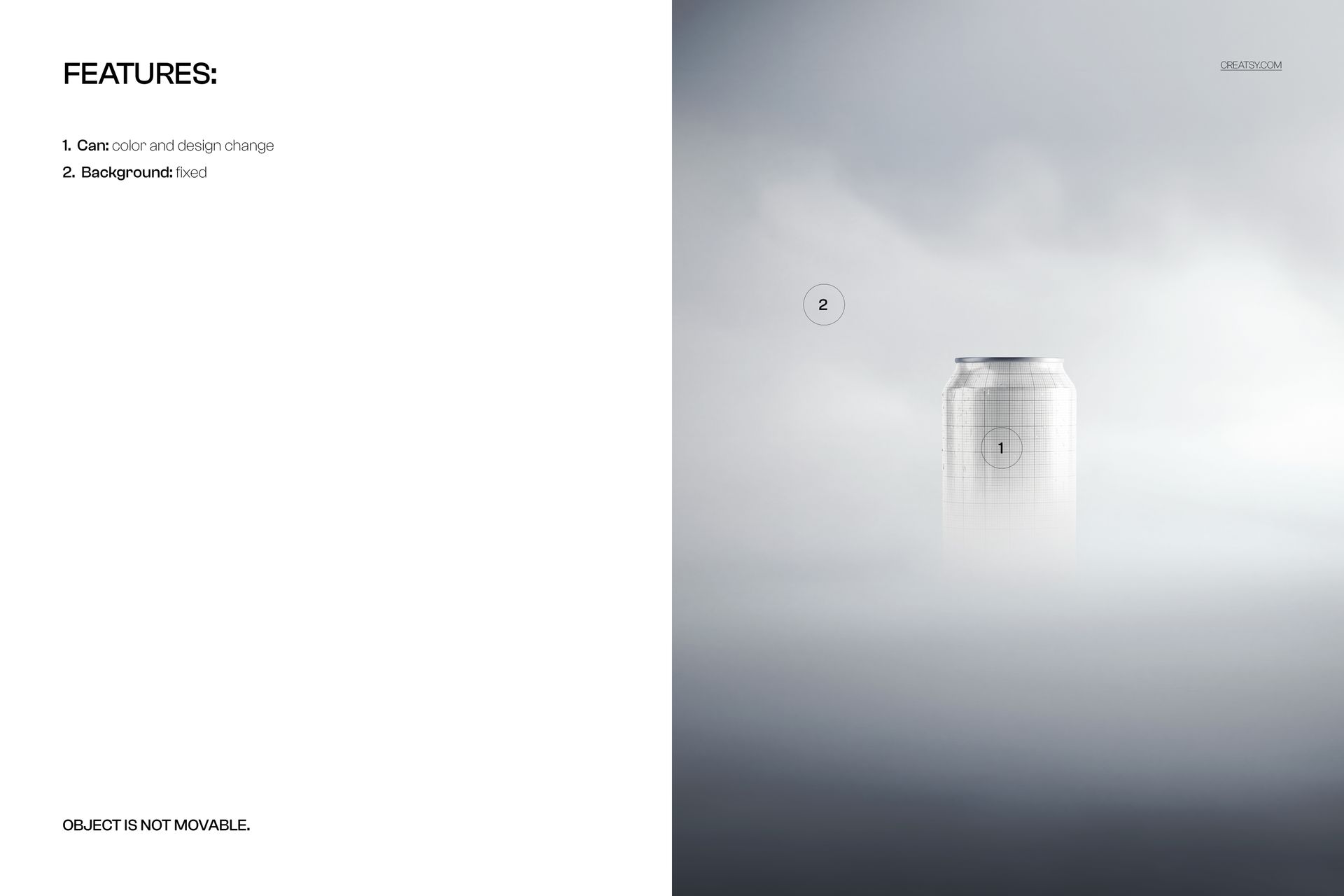 Standing soda can with a metallic finish partially surrounded by light fog, shown from the front in a PSD mockup scene.