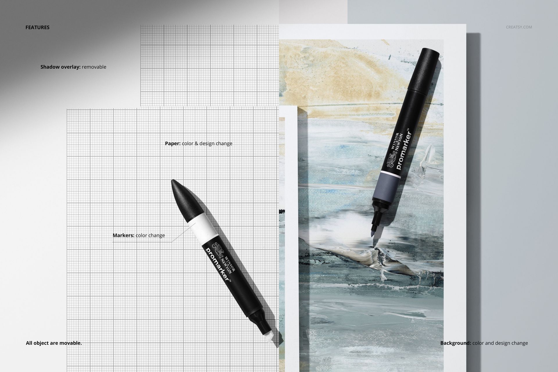 Colored pencils and paper pads mockup featuring two black markers, grid paper, and abstract artwork in a top view layout.