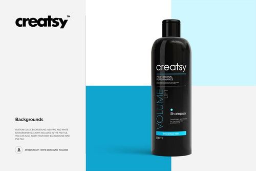 Black shampoo bottle mockup with blue accents, shown upright against a geometric blue and white backdrop.