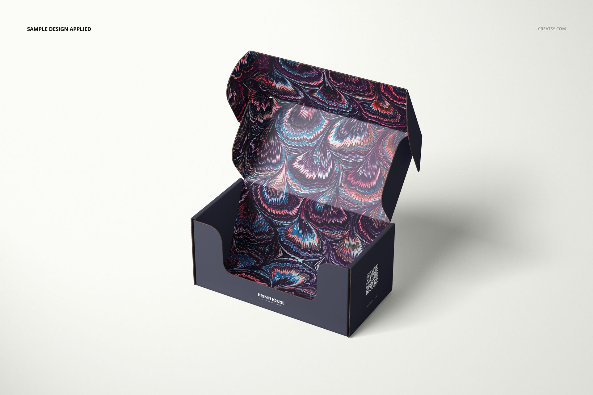 Front view of an open mailer box mockup with a dark exterior and colorful abstract pattern inside on a light background.
