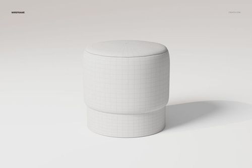 Round upholstered pouf in white with visible wireframe grid lines, shown in a front view on a plain background.