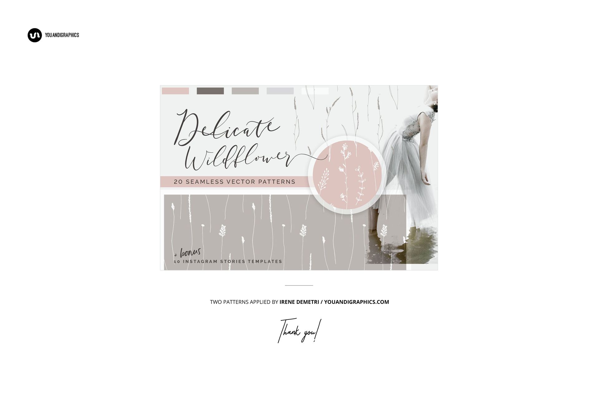 Front view of fabric rolls mockup with delicate wildflower patterns in neutral tones and a soft, minimalist background.