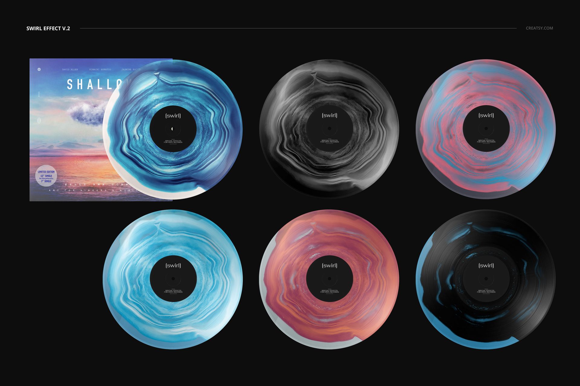 Vinyl record PSD mockup set showing various abstract colored discs and a cover with a scenic sunset landscape.