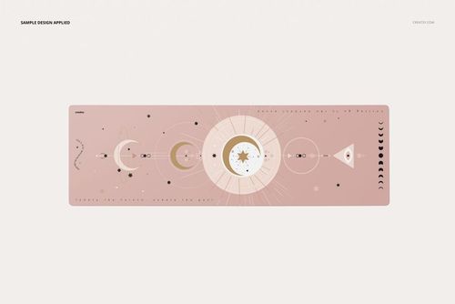 Rectangular PU leather yoga mat mockup with celestial pattern in pink, gold, and white, shown from top view.