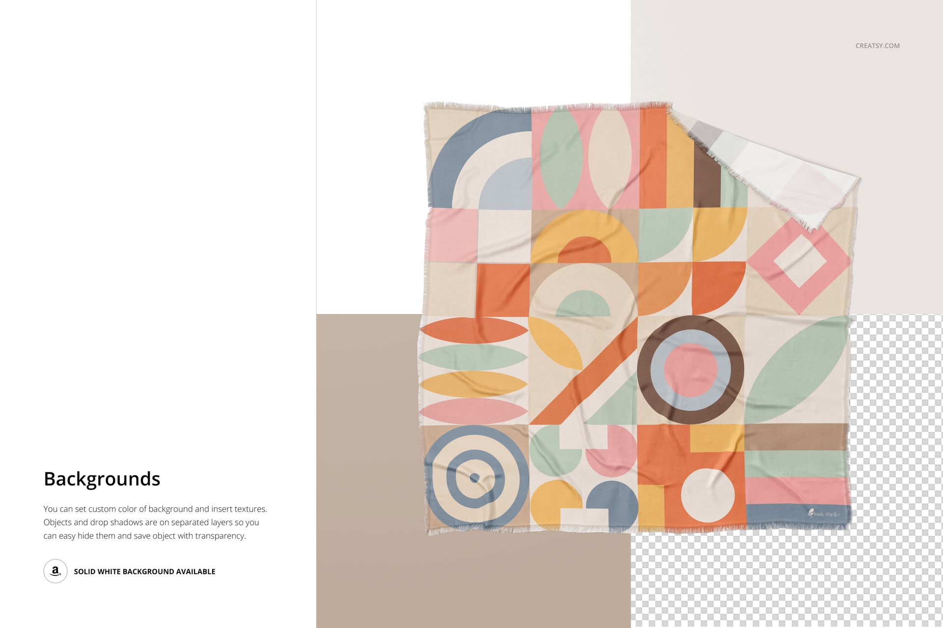 Polyester coverlet mockup featuring abstract multicolor geometric pattern, shown flat with folded corner detail.