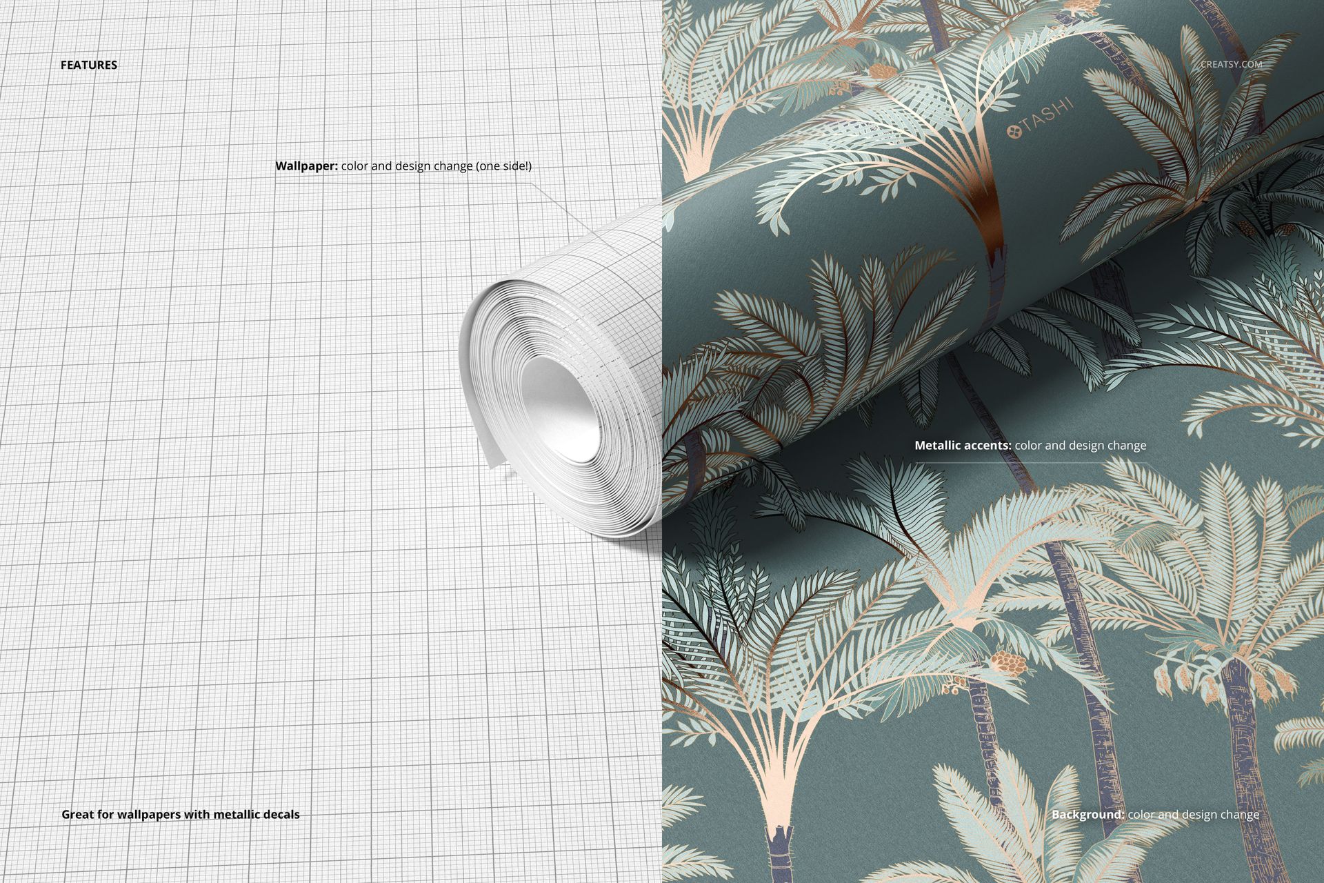 Rolled paper wallpaper mockup shown in split view, with one side featuring a palm tree pattern and the other a grid layout.