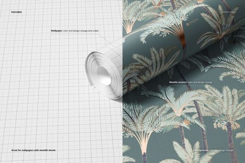 Rolled paper wallpaper mockup shown in split view, with one side featuring a palm tree pattern and the other a grid layout.