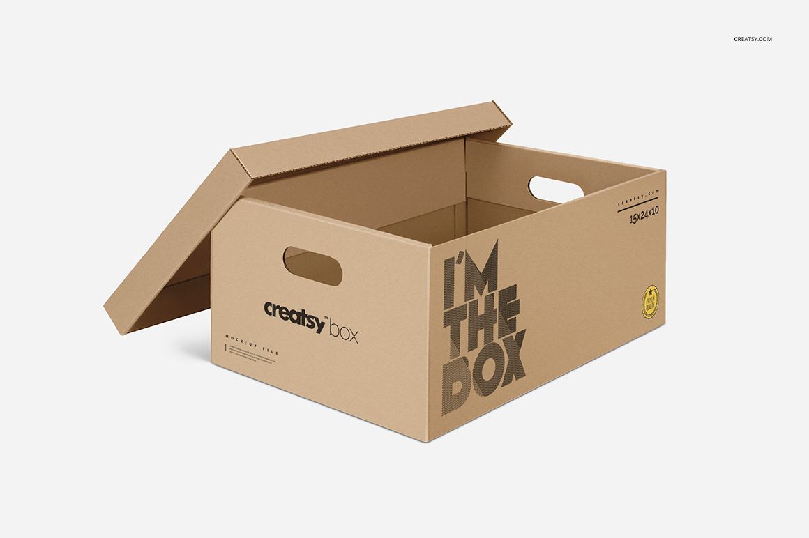 Front angled view of a kraft moving box mockup with open top, black lettering, and side cut-out handles.