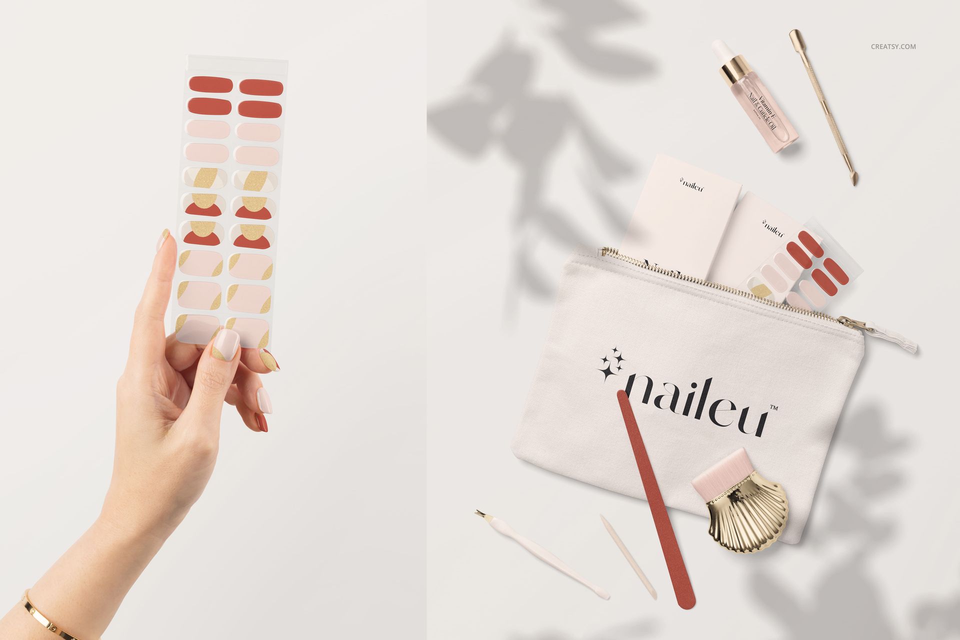 UV gel nail wraps mockup featuring a hand displaying patterned nail stickers, with beauty accessories and a white pouch nearby.