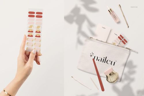 UV gel nail wraps mockup featuring a hand displaying patterned nail stickers, with beauty accessories and a white pouch nearby.