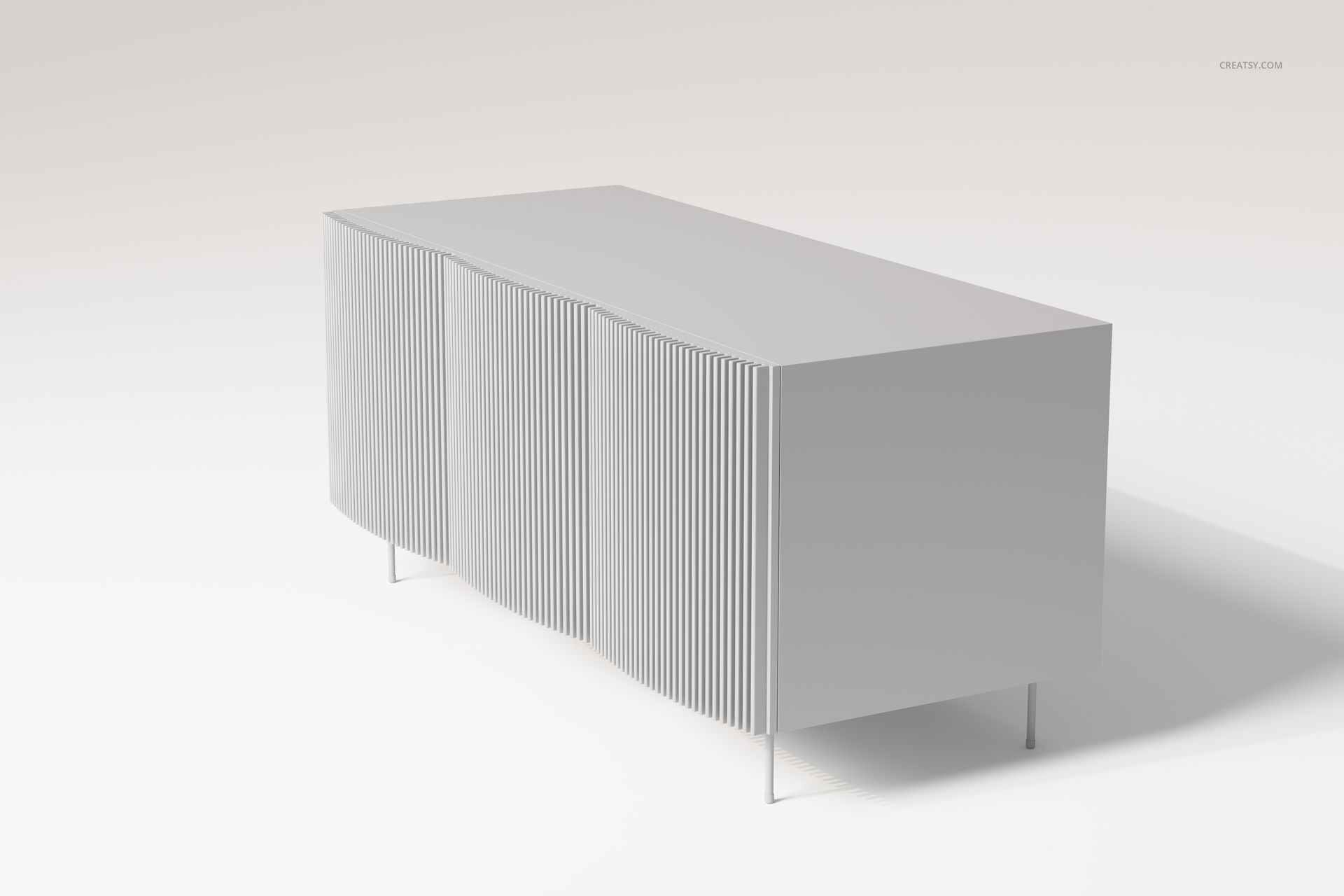 Minimalist sideboard with a Japandi style design, featuring light veneer finish and vertical slatted doors, front view.