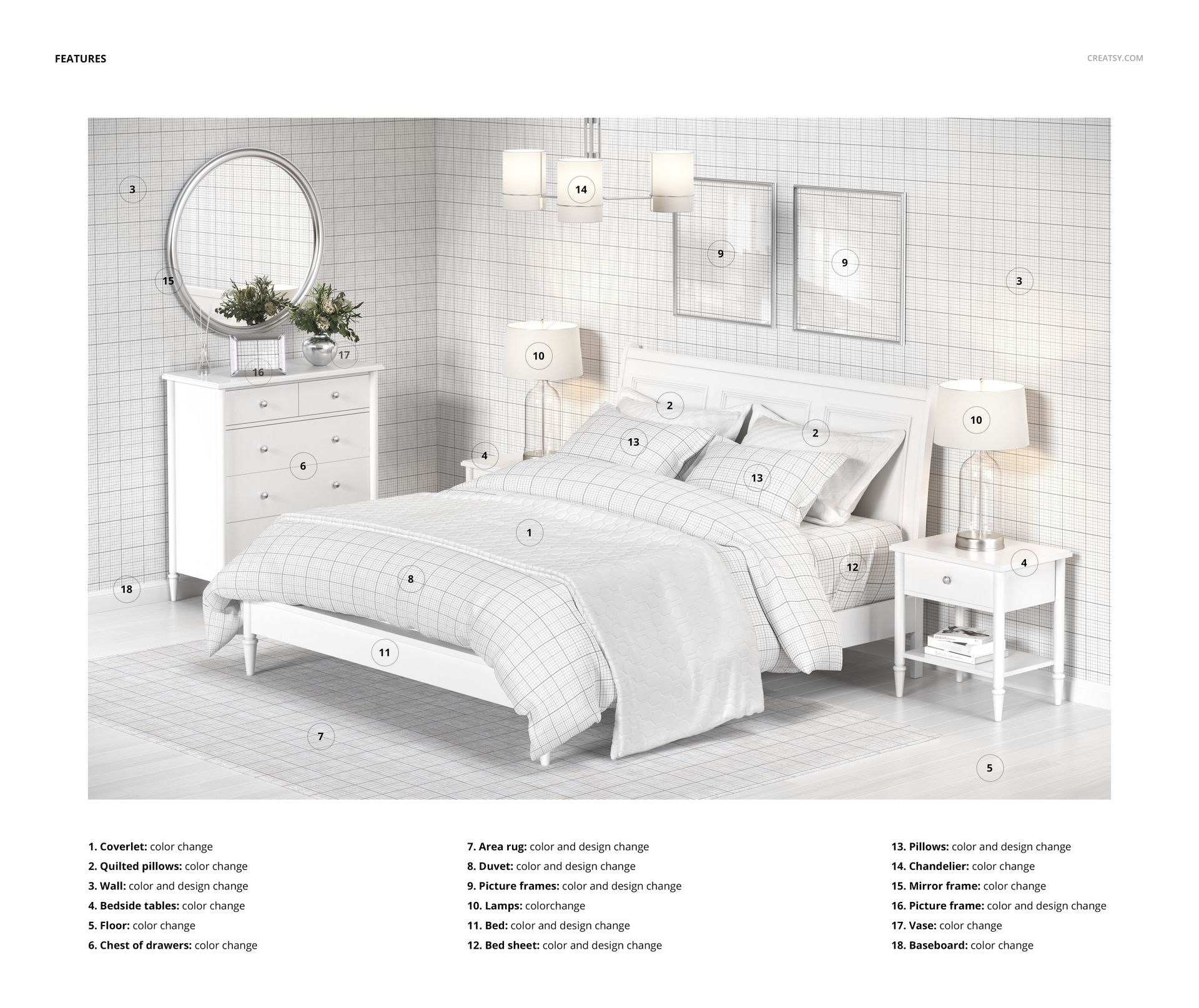 Classic style bedroom bedding set with grid pattern, white furniture, and wall decor in a front view mockup scene.