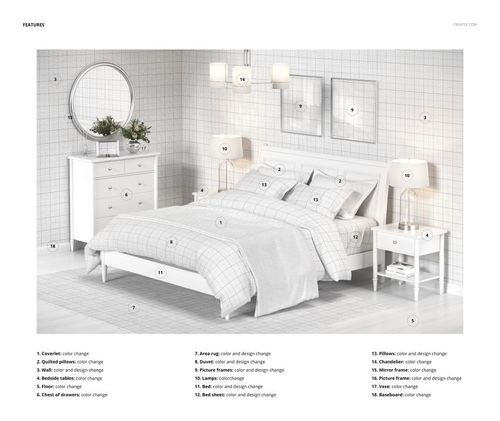 Classic style bedroom bedding set with grid pattern, white furniture, and wall decor in a front view mockup scene.