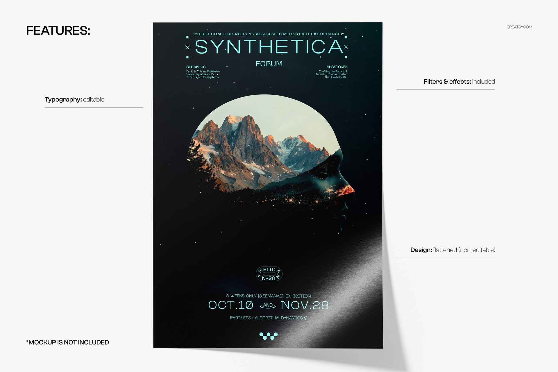 Poster mockup featuring a mountain landscape reflected in water, framed within a silhouette on a dark background, front view.