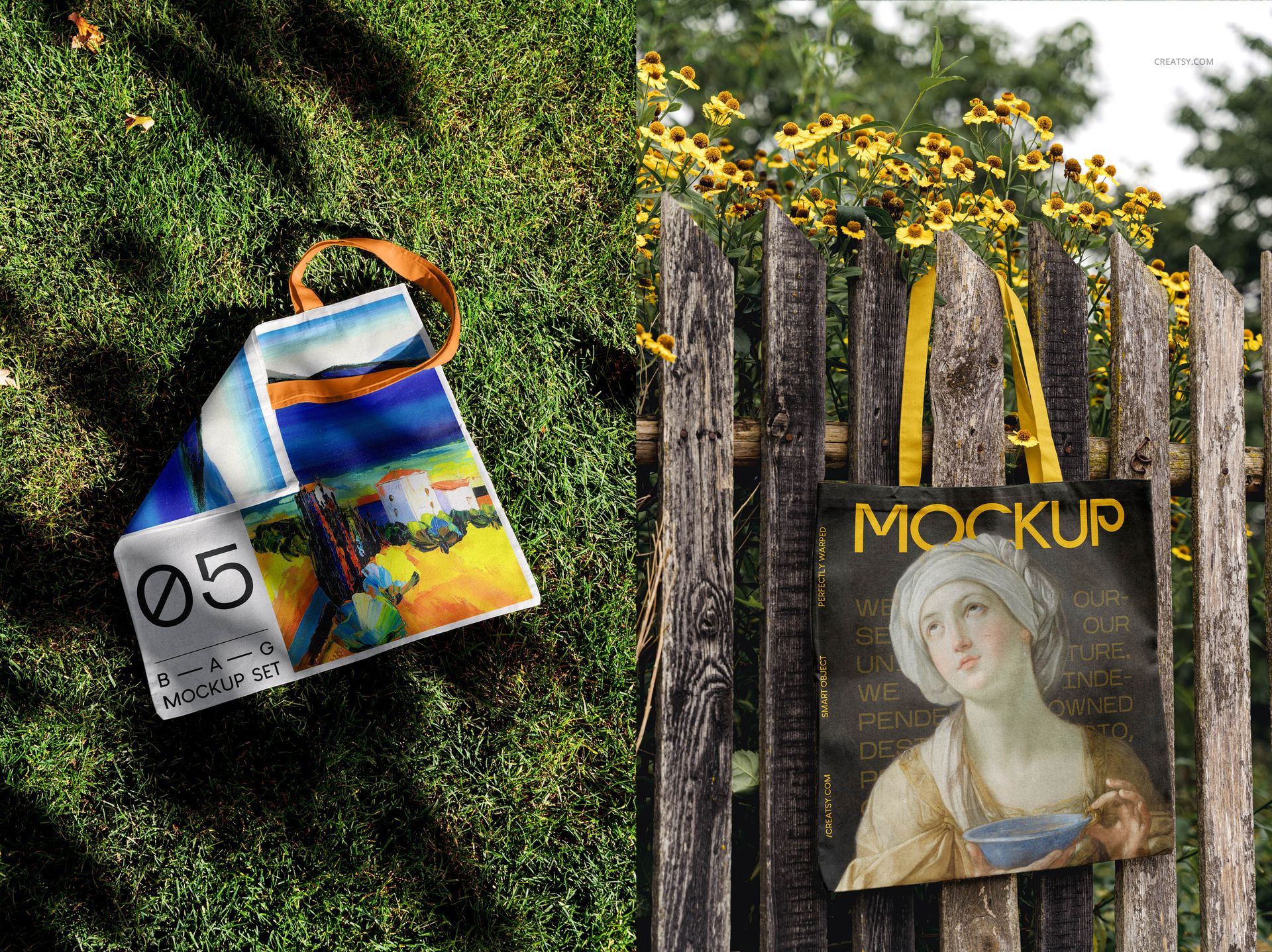 Tote bag mockup set featuring two bags outdoors, one on grass with colorful artwork, one hanging on a wooden fence with yellow flowers.
