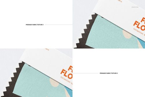 Fabric swatch mockup featuring two close-up views of textured fabric samples in light blue and beige with zigzag edges.