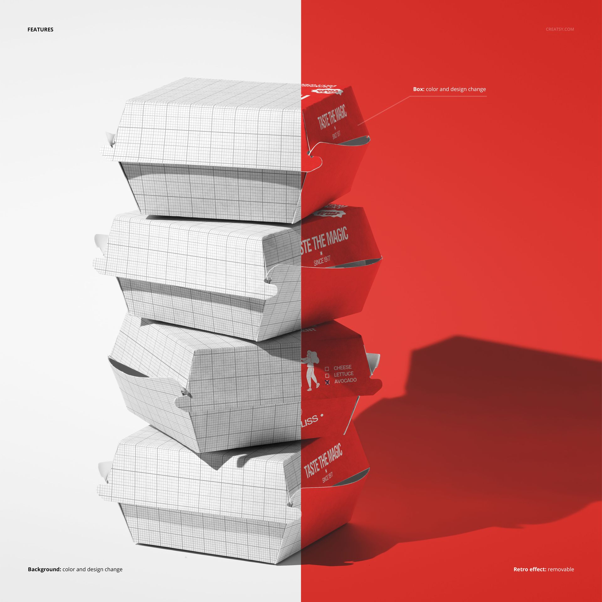 Burger box PSD mockup featuring four stacked containers, split between plain grid and red graphic designs.